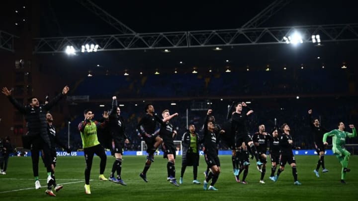 Juventus players acknowledge the public at the end of the Italian Serie A football match between Sampdoria and Juventus on March 12, 2022 at the Luigi-Ferraris stadium in Genoa, Liguria. (Photo by Marco BERTORELLO / AFP) (Photo by MARCO BERTORELLO/AFP via Getty Images)