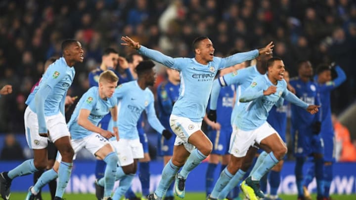 LEICESTER, ENGLAND - DECEMBER 19: Danilo of Manchester City and team mates celebrate shoot out victory during the Carabao Cup Quarter-Final match between Leicester City and Manchester City at The King Power Stadium on December 19, 2017 in Leicester, England. (Photo by Michael Regan/Getty Images)