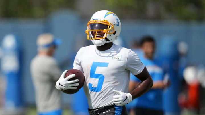 Jun 15, 2021; Costa Mesa, CA, USA; Los Angeles Chargers receiver Josh Palmer (5) carries the ball during minicamp at the Hoag Performance Center. Mandatory Credit: Kirby Lee-USA TODAY Sports