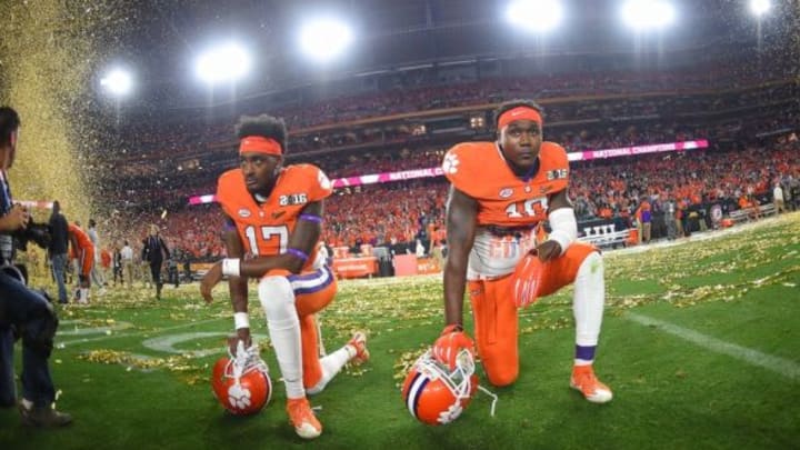 Jan 11, 2016; Glendale, AZ, USA; Clemson Tigers safety Jefferie Gibson (17) and safety Jadar Johnson (18) react after loosing to the Alabama Crimson Tide in the 2016 CFP National Championship at University of Phoenix Stadium. Mandatory Credit: Kirby Lee-USA TODAY Sports