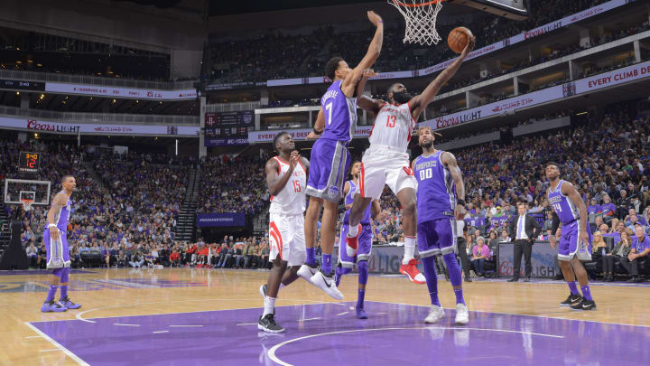 SACRAMENTO, CA – OCTOBER 18: James Harden #13 of the Houston Rockets shoots a layup against Skal Labissiere #7 of the Sacramento Kings on October 18, 2017 at Golden 1 Center in Sacramento, California. NOTE TO USER: User expressly acknowledges and agrees that, by downloading and or using this photograph, User is consenting to the terms and conditions of the Getty Images Agreement. Mandatory Copyright Notice: Copyright 2017 NBAE (Photo by Rocky Widner/NBAE via Getty Images)