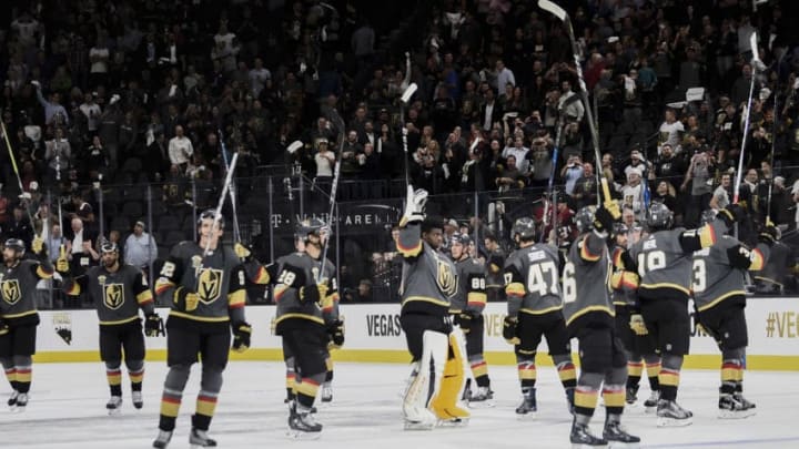 LAS VEGAS, NV - OCTOBER 10: The Vegas Golden Knights celebrate after defeating the Arizona Coyotes in their inaugural regular-season home opener at T-Mobile Arena on October 10, 2017 in Las Vegas, Nevada. (Photo by Jeff Bottari/NHLI via Getty Images)