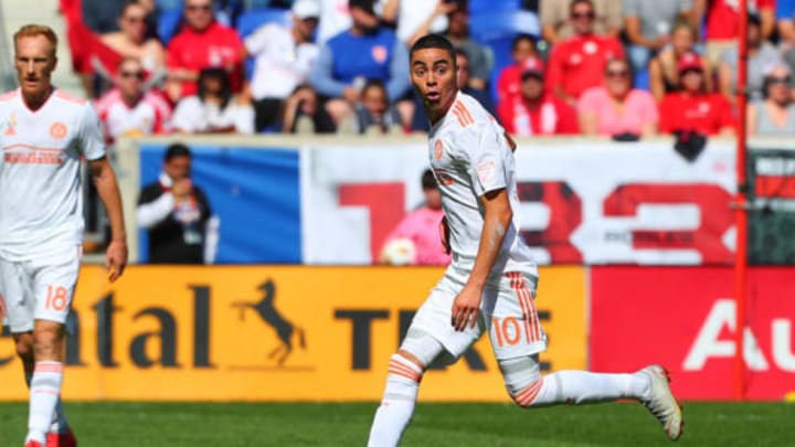 HARRISON, NJ – SEPTEMBER 30: Atlanta United midfielder Miguel Almiron (10) during the first half of the Major League Soccer game between the New York Red Bulls and Atlanta United on September 30, 2018 at Red Bull Arena in Harrison, NJ. (Photo by Rich Graessle/Icon Sportswire via Getty Images)