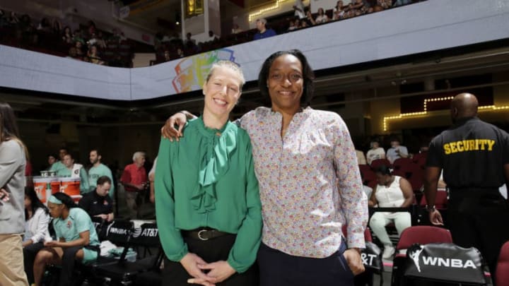 WHITE PLAINS, NY- June 28: Head Coach Katie Smith and Assistant Coach Charmin Smith of the New York Liberty pose for a photo prior to a game against the Dallas Wings on June 28, 2019 at the Westchester County Center, in White Plains, New York. NOTE TO USER: User expressly acknowledges and agrees that, by downloading and or using this photograph, User is consenting to the terms and conditions of the Getty Images License Agreement. Mandatory Copyright Notice: Copyright 2019 NBAE (Photo by Steven Freeman/NBAE via Getty Images)