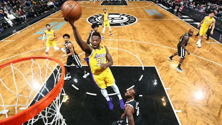 BROOKLYN, NY - FEBRUARY 2: Julius Randle #30 of the Los Angeles Lakers goes to the basket against the Brooklyn Nets on February 2, 2018 at Barclays Center in Brooklyn, New York. NOTE TO USER: User expressly acknowledges and agrees that, by downloading and or using this Photograph, user is consenting to the terms and conditions of the Getty Images License Agreement. Mandatory Copyright Notice: Copyright 2018 NBAE (Photo by Nathaniel S. Butler/NBAE via Getty Images)