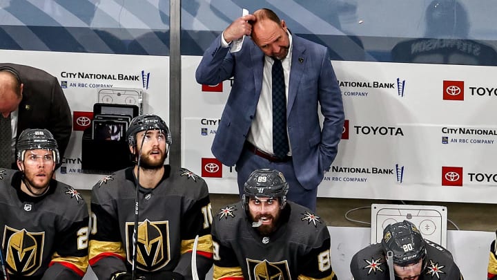 Head coach Peter DeBoer of the Vegas Golden Knights reacts against the Dallas Stars during the second period in Game One