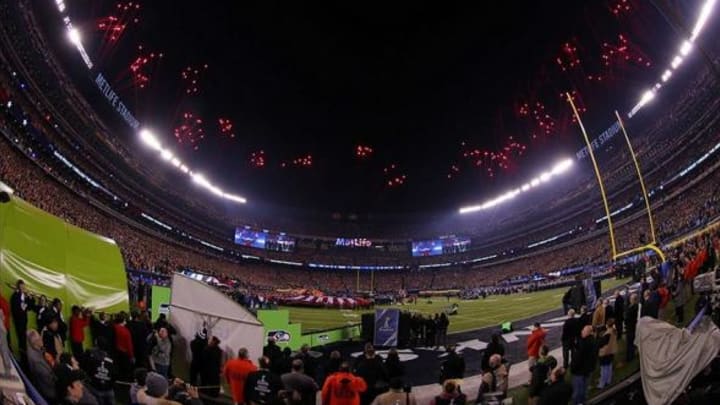 Feb 2, 2014; East Rutherford, NJ, USA; Fireworks go off over the stadium during the national anthem before Super Bowl XLVIII at MetLife Stadium. Mandatory Credit: Adam Hunger-USA TODAY Sports
