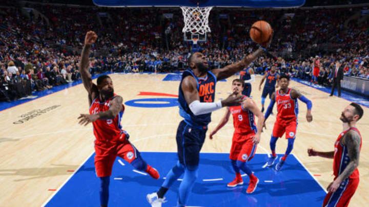 PHILADELPHIA,PA – DECEMBER 15 : Patrick Patterson #54 of the OKC Thunder goes up for the reverse layup against the Philadelphia 76ers at Wells Fargo Center on December 15, 2017 in Philadelphia, Pennsylvania. Copyright 2016 NBAE (Photo by Jesse D. Garrabrant/NBAE via Getty Images)