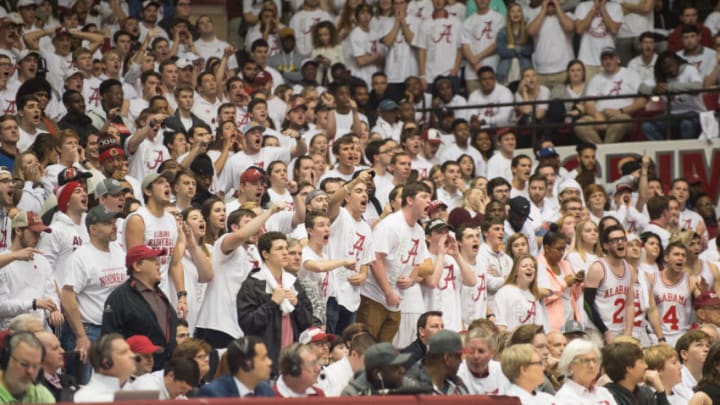 TUSCALOOSA, AL - JANUARY 27: Fans of the Alabama Crimson Tide cheer for their team during their game against the Oklahoma Sooners at Coleman Coliseum on January 27, 2018 in Tuscaloosa, Alabama. (Photo by Michael Chang/Getty Images)
