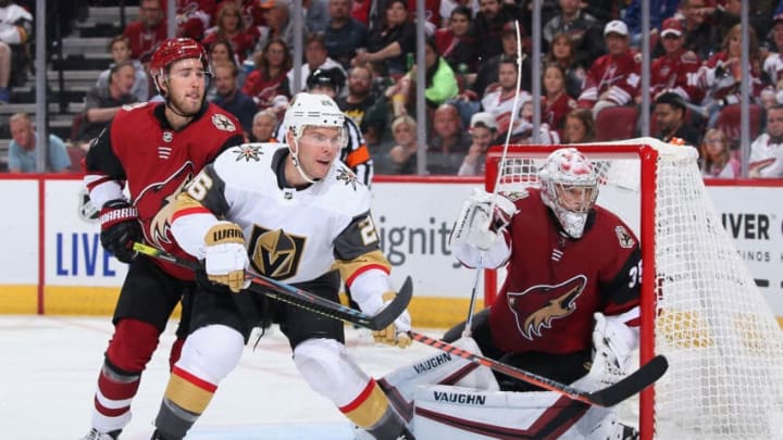 GLENDALE, ARIZONA - OCTOBER 10: Paul Stastny #26 of the Vegas Golden Knights sets up in front of goaltender Darcy Kuemper #35 of the Arizona Coyotes during the second period of the NHL game at Gila River Arena on October 10, 2019 in Glendale, Arizona. (Photo by Christian Petersen/Getty Images)