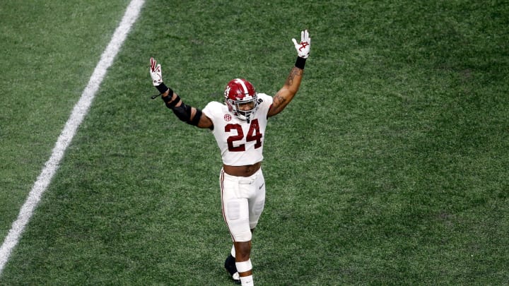 ATLANTA, GA – JANUARY 08: Terrell Lewis #24 of the Alabama Crimson Tide celebrates beating the Georgia Bulldogs in overtime and winning the CFP National Championship presented by AT&T at Mercedes-Benz Stadium on January 8, 2018, in Atlanta, Georgia. Alabama won 26-23. (Photo by Mike Zarrilli/Getty Images)