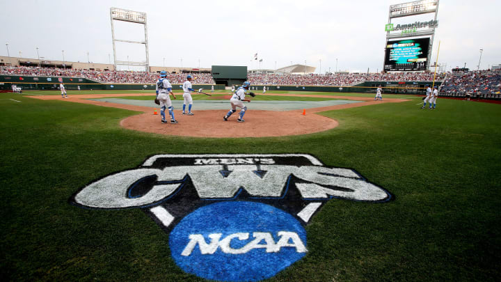 OMAHA, NE – JUNE 25: The UCLA Bruins take infield practice before playing the Mississippi State Bulldogs during game two of the College World Series Finals on June 25, 2013 at TD Ameritrade Park in Omaha, Nebraska. (Photo by Stephen Dunn/Getty Images)
