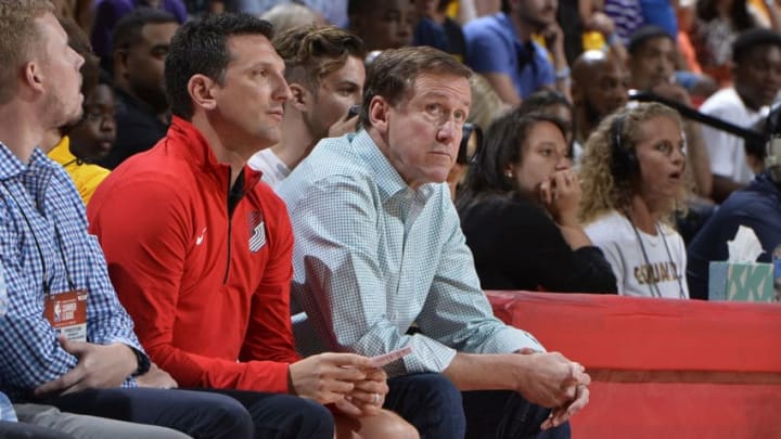 LAS VEGAS, NV - JULY 17: Terry Stotts of the Portland Trail Blazers looks on during the 2018 Las Vegas Summer League Championship game against the Los Angeles Lakers on July 17, 2018 at the Thomas & Mack Center in Las Vegas, Nevada. NOTE TO USER: User expressly acknowledges and agrees that, by downloading and/or using this photograph, user is consenting to the terms and conditions of the Getty Images License Agreement. Mandatory Copyright Notice: Copyright 2018 NBAE (Photo by David Dow/NBAE via Getty Images)