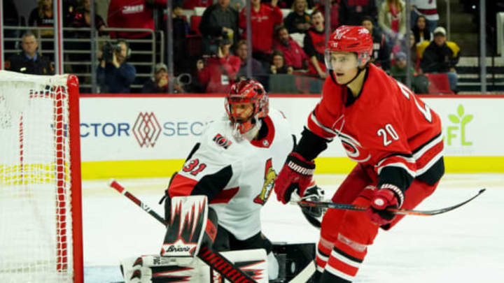 RALEIGH, NC – NOVEMBER 11: Sebastian Aho #20 of the Carolina Hurricanes fires a short handed goal past Anders Nilsson #31 of the Ottawa Senators during an NHL game on November 11, 2019 at PNC Arena in Raleigh, North Carolina. (Photo by Gregg Forwerck/NHLI via Getty Images)