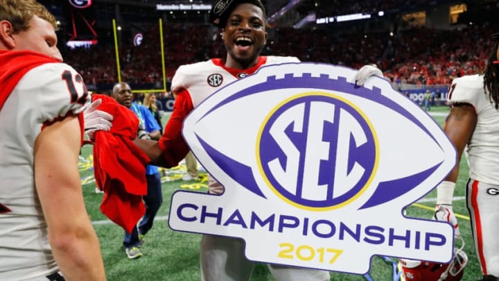ATLANTA, GA - DECEMBER 02: Lorenzo Carter #7 of the Georgia Bulldogs celebrates beating the Auburn Tigers in the SEC Championship at Mercedes-Benz Stadium on December 2, 2017 in Atlanta, Georgia. (Photo by Kevin C. Cox/Getty Images)