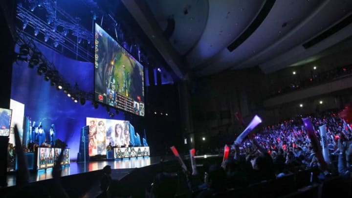 BUSAN, SOUTH KOREA - OCTOBER 21: Supporters watch the quaterfinal match of 2018 The League of Legends World Chmpionship at Bexco Auditorium on October 21, 2018 in Busan, South Korea. (Photo by Woohae Cho/Getty Images)
