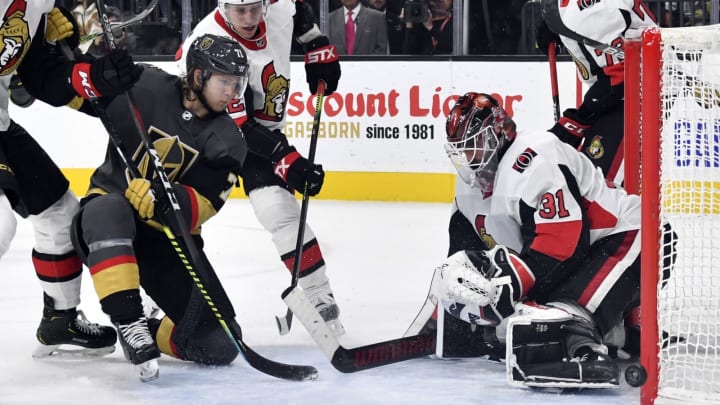 LAS VEGAS, NEVADA – OCTOBER 17: Anders Nilsson #31 of the Ottawa Senators saves a shot by William Karlsson #71 of the Vegas Golden Knights during the third period at T-Mobile Arena on October 17, 2019 in Las Vegas, Nevada. (Photo by Jeff Bottari/NHLI via Getty Images)