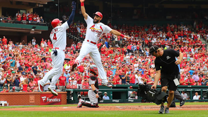 ST. LOUIS, MO - JULY 15: Matt Carpenter #13 of the St. Louis Cardinals celebrates after hitting a home run against the Cincinnati Reds in the first inning at Busch Stadium on July 15, 2018 in St. Louis, Missouri. (Photo by Dilip Vishwanat/Getty Images)