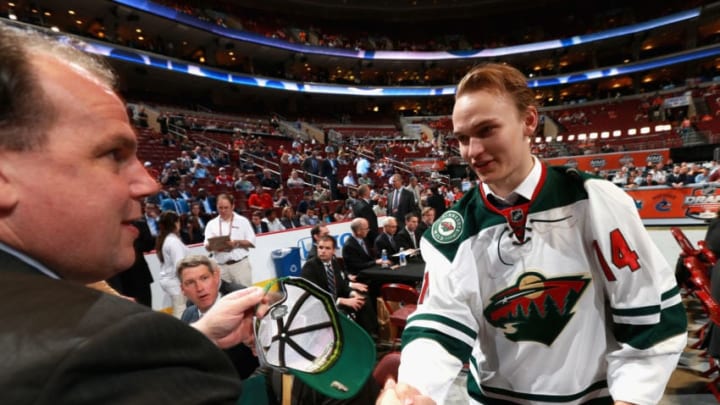 PHILADELPHIA, PA - JUNE 28: Kaapo Kahkonen greets his team after being selected 109th overall by the Minnesota Wild during the 2014 NHL Entry Draft at Wells Fargo Center on June 28, 2014 in Philadelphia, Pennsylvania. (Photo by Dave Sandford/NHLI via Getty Images)