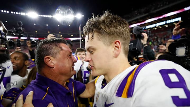 TUSCALOOSA, AL - NOVEMBER 09: Head coach Ed Orgeron reacts with Joe Burrow #9 of the LSU Tigers at the conclusion of the game against the Alabama Crimson Tide at Bryant-Denny Stadium on November 9, 2019 in Tuscaloosa, Alabama. (Photo by Todd Kirkland/Getty Images)