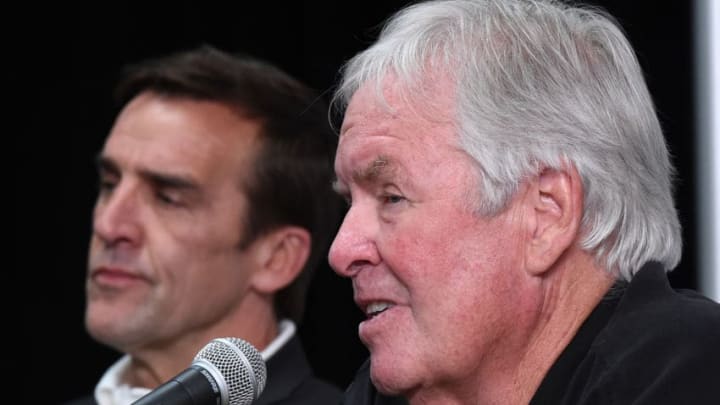 LAS VEGAS, NV - JULY 13: George McPhee (L) listens as majority owner of the Las Vegas NHL franchise Bill Foley speaks after announcing McPhee as the team's general manager during a news conference at T-Mobile Arena on July 13, 2016 in Las Vegas, Nevada. (Photo by Ethan Miller/Getty Images)