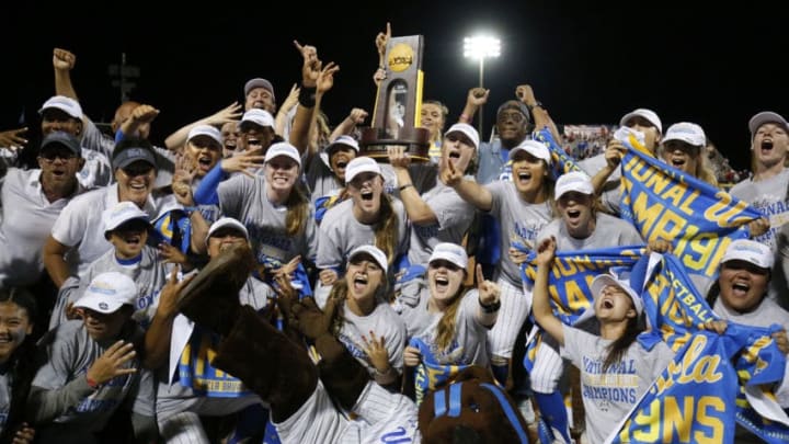 OKLAHOMA CITY, OK - JUNE 4: The UCLA Bruins celebrate their victory against the Oklahoma Sooners during the Division I Women's Softball Championship held at ASA Hall of Fame Stadium-OGE Energy Field on June 4, 2019 in Oklahoma City, Oklahoma. (Photo by Shane Bevel/NCAA Photos via Getty Images)