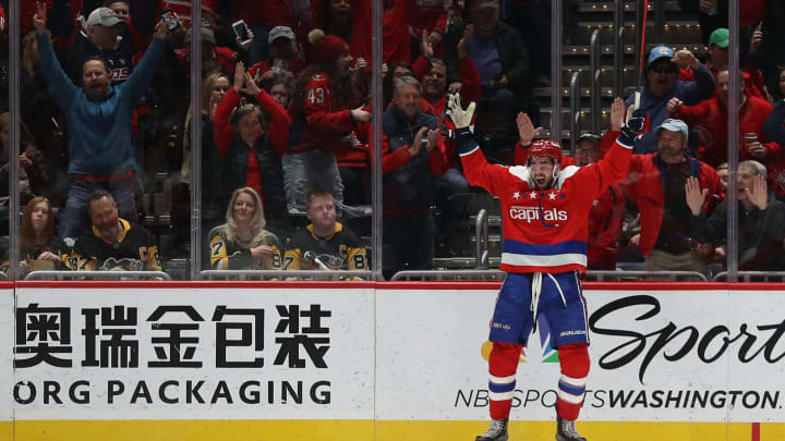 WASHINGTON, DC – FEBRUARY 23: Tom Wilson #43 of the Washington Capitals celebrates his goal against the Pittsburgh Penguins during the third period at Capital One Arena on February 23, 2020 in Washington, DC. (Photo by Patrick Smith/Getty Images)