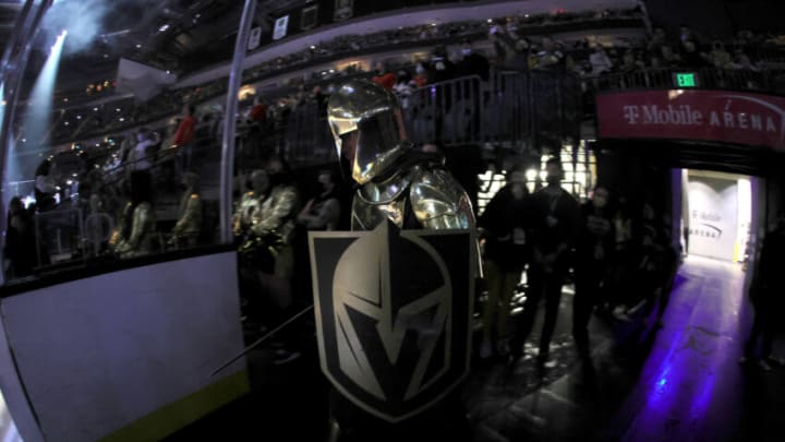 LAS VEGAS, NEVADA - JANUARY 11: Lee Orchard as the Golden Knight takes the ice for a pregame show before a game between the Toronto Maple Leafs and the Vegas Golden Knights at T-Mobile Arena on January 11, 2022 in Las Vegas, Nevada. The Maple Leafs defeated the Golden Knights 4-3 in a shootout. (Photo by Ethan Miller/Getty Images)