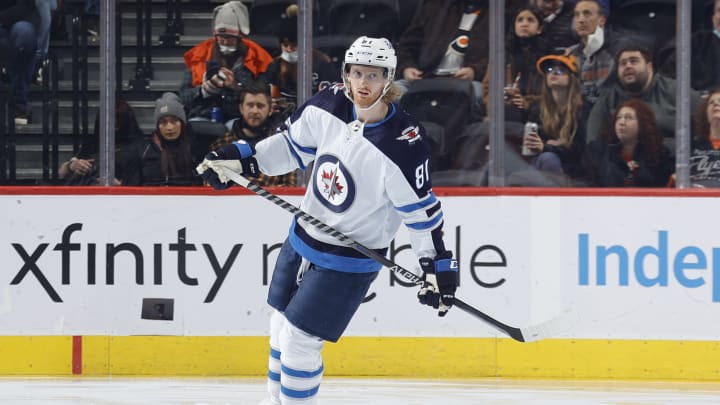PHILADELPHIA, PENNSYLVANIA – FEBRUARY 01: Kyle Connor #81 of the Winnipeg Jets looks on after scoring during the first period against the Philadelphia Flyers at Wells Fargo Center on February 01, 2022, in Philadelphia, Pennsylvania. (Photo by Tim Nwachukwu/Getty Images)