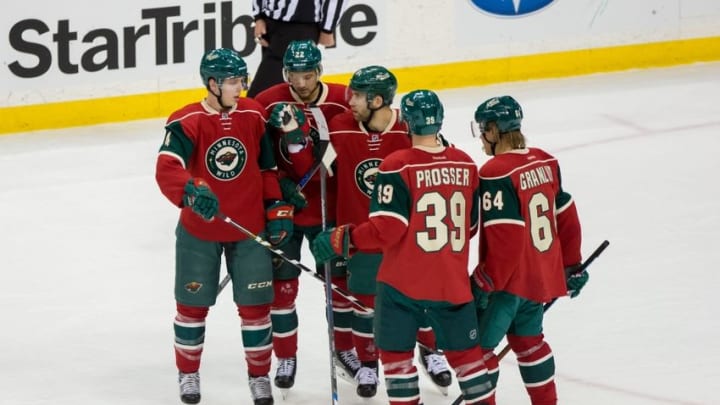 Feb 13, 2016; Saint Paul, MN, USA; Minnesota Wild forward Mike Reilly (4) celebrates his first NHL goal in the third period against the Boston Bruins at Xcel Energy Center. The Boston Bruins beat the Minnesota Wild 4-2. Mandatory Credit: Brad Rempel-USA TODAY Sports