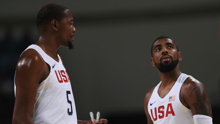 Kevin Durant and Kyrie Irving (Photo by Mike Ehrmann/Getty Images)