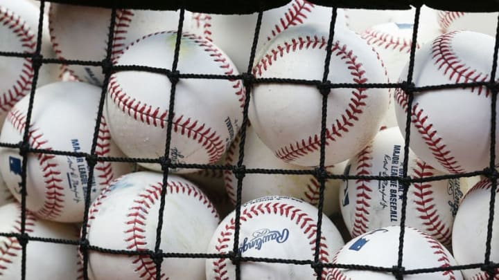 HOUSTON, TX - APRIL 08: A bucket of baseballs to be used for batting practice at Minute Maid Park on April 8, 2017 in Houston, Texas. (Photo by Bob Levey/Getty Images)