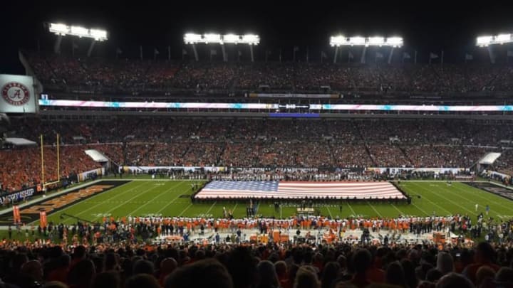 Jan 9, 2017; Tampa, FL, USA; A general view of the American flag during the playing of the national anthem before the 2017 College Football Playoff National Championship Game between the Alabama Crimson Tide and the Clemson Tigers at Raymond James Stadium. Mandatory Credit: Jasen Vinlove-USA TODAY Sports