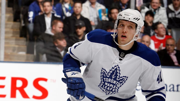 TORONTO, CANADA - NOVEMBER 18:Nikolai Kulemin #41 of the Toronto Maple Leafs skates up the ice during game action against the New Jersey Devils at the Air Canada Centre November 18, 2010 in Toronto, Ontario, Canada. (Photo by Abelimages / Getty Images)