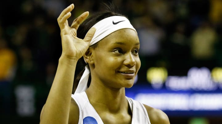 Mar 20, 2016; Waco, TX, USA; Baylor Bears forward Nina Davis (13) during playing of fight song following a game against the Auburn Tigers in second round of the 2016 women’s NCAA Tournament at Ferrell Center. Baylor won 84-52. Mandatory Credit: Ray Carlin-USA TODAY Sports