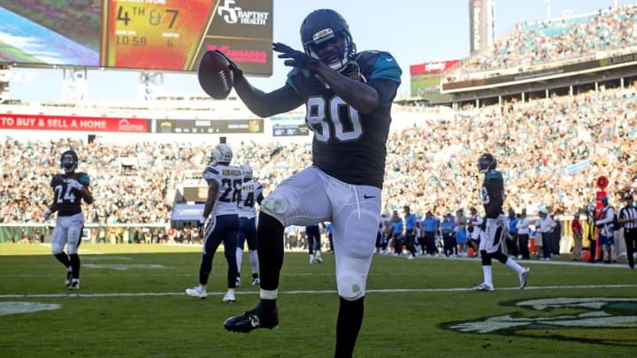 Nov 29, 2015; Jacksonville, FL, USA; Jacksonville Jaguars tight end Julius Thomas (80) celebrates after scoring a touchdown in the fourth quarter against the San Diego Chargers at EverBank Field. The San Diego Chargers won 31-24. Mandatory Credit: Logan Bowles-USA TODAY Sports