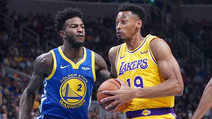 SAN JOSE, CA - OCTOBER 12: Johnathan Williams #19 of the Los Angeles Lakers drives on Jordan Bell #2 of the Golden State Warriors during the first half of their NBA basketball game at SAP Center on October 12, 2018 in San Jose, California. NOTE TO USER: User expressly acknowledges and agrees that, by downloading and or using this photograph, User is consenting to the terms and conditions of the Getty Images License Agreement. (Photo by Thearon W. Henderson/Getty Images) SAN JOSE, CA - OCTOBER 12: Johnathan Williams #19 of the Los Angeles Lakers drives on Jordan Bell #2 of the Golden State Warriors during the first half of their NBA basketball game at SAP Center on October 12, 2018 in San Jose, California. NOTE TO USER: User expressly acknowledges and agrees that, by downloading and or using this photograph, User is consenting to the terms and conditions of the Getty Images License Agreement. (Photo by Thearon W. Henderson/Getty Images)