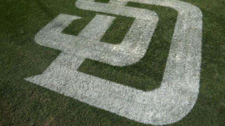 Oct 1, 2015; San Diego, CA, USA; A detailed view of the San Diego Padres logo on the field before the game against the Milwaukee Brewers at Petco Park. Mandatory Credit: Jake Roth-USA TODAY Sports