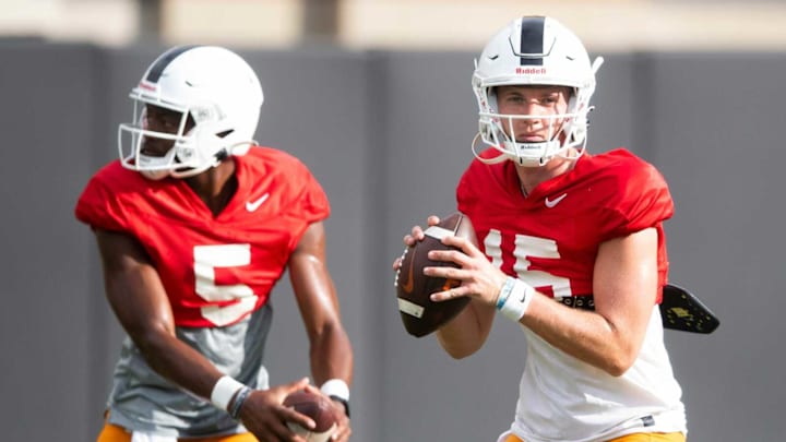 Tennessee quarterbacks Harrison Bailey (15) and Hendon Hooker (5) during morning football practice on campus on Friday, August 20, 2021.Kns Ut Football Practice Bp