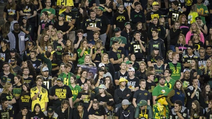 Oct 8, 2016; Eugene, OR, USA; University of Oregon Ducks fans watch from the stands during the third quarter in a game against the University of Washington at Autzen Stadium. The Huskies won 70-21. Mandatory Credit: Troy Wayrynen-USA TODAY Sports
