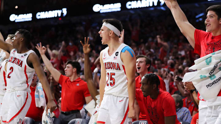 TUCSON, ARIZONA - MARCH 05: Guard Kerr Kriisa #25 of the Arizona Wildcats cheers on the bench at McKale Center on March 05, 2022 in Tucson, Arizona. (Photo by Rebecca Noble/Getty Images)
