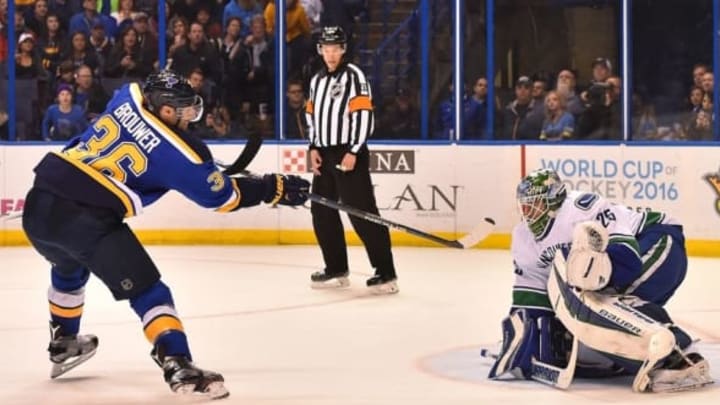 Mar 25, 2016; St. Louis, MO, USA; Vancouver Canucks goalie Jacob Markstrom (25) makes a save against St. Louis Blues right wing Troy Brouwer (36) during the second period at Scottrade Center. Mandatory Credit: Jasen Vinlove-USA TODAY Sports