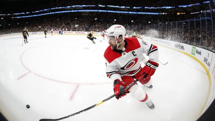 BOSTON, MA - MAY 12: Carolina Hurricanes right wing Justin Williams (14) looks bad to the point during Game 2 of the Stanley Cup Playoffs Eastern Conference Finals on May 12, 2019, at TD Garden in Boston, Massachusetts. (Photo by Fred Kfoury III/Icon Sportswire via Getty Images)