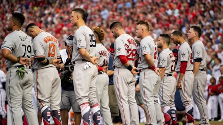 WASHINGTON, DC - JULY 17: J.D. Martinez #28 and Mookie Betts #50 of the Boston Red Sox are introduced before the 89th MLB All-Star Game at Nationals Park Tuesday, July 17, 2018 in Washington, DC. (Photo by Billie Weiss/Boston Red Sox/Getty Images)