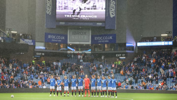 GLASGOW, SCOTLAND - JULY 26: Trevor Francis tribute before the pre-season friendly match between Rangers and Olympiacos at Ibrox Stadium on July 26, 2023 in Glasgow, Scotland. (Photo by Steve Welsh/Getty Images)