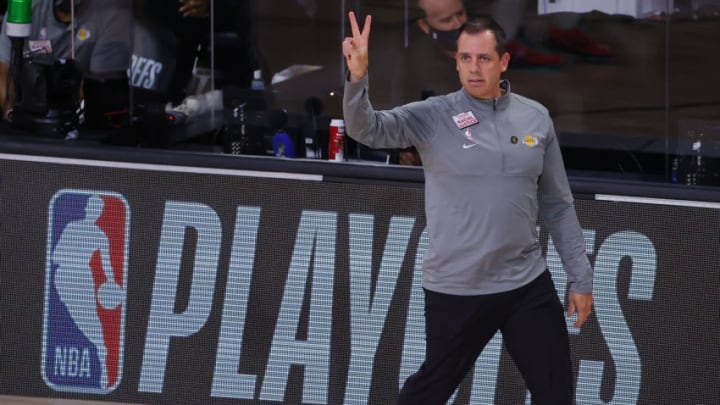 LAKE BUENA VISTA, FLORIDA - AUGUST 29: Frank Vogel of the Los Angeles Lakers signals against the Portland Trail Blazers in Game Five of the Western Conference First Round during the 2020 NBA Playoffs at AdventHealth Arena at ESPN Wide World Of Sports Complex on August 29, 2020 in Lake Buena Vista, Florida. NOTE TO USER: User expressly acknowledges and agrees that, by downloading and or using this photograph, User is consenting to the terms and conditions of the Getty Images License Agreement. (Photo by Kevin C. Cox/Getty Images)