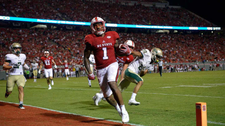 RALEIGH, NC - SEPTEMBER 01: Jaylen Samuels #1 of the North Carolina State Wolfpack scores a touchdown against the William & Mary Tribe during their game at Carter Finley Stadium on September 1, 2016 in Raleigh, North Carolina. (Photo by Grant Halverson/Getty Images)