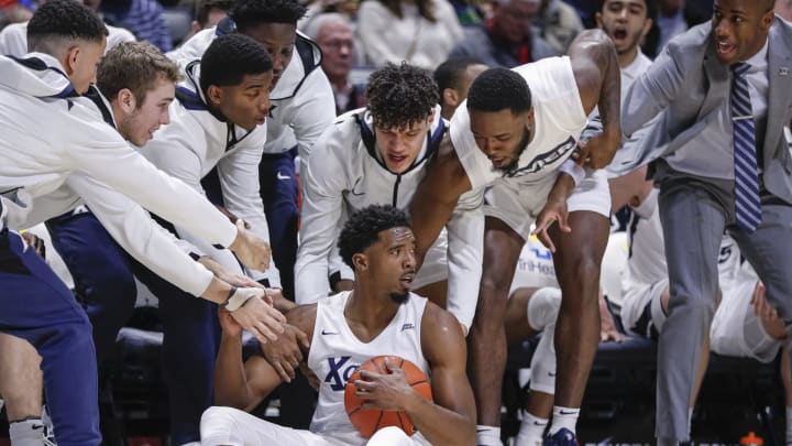 CINCINNATI, OH – NOVEMBER 15: Quentin Goodin #3 of the Xavier Musketeers looks back out on the court after colliding into the bench during the second half against the Missouri State Bears at Cintas Center on November 15, 2019 in Cincinnati, Ohio. (Photo by Michael Hickey/Getty Images)