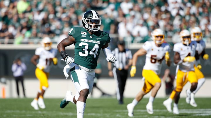 EAST LANSING, MI – SEPTEMBER 14: Antjuan Simmons #34 of the Michigan State Spartans in action on defense during a game against the Arizona State Sun Devils at Spartan Stadium on September 14, 2019 in East Lansing, Michigan. Arizona State defeated Michigan State 10-7. (Photo by Joe Robbins/Getty Images)