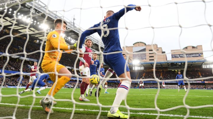 LONDON, ENGLAND - JANUARY 11: Ross Barkley of Chelsea clears the ball off the line during the Premier League match between Chelsea FC and Burnley FC at Stamford Bridge on January 11, 2020 in London, United Kingdom. (Photo by Mike Hewitt/Getty Images)